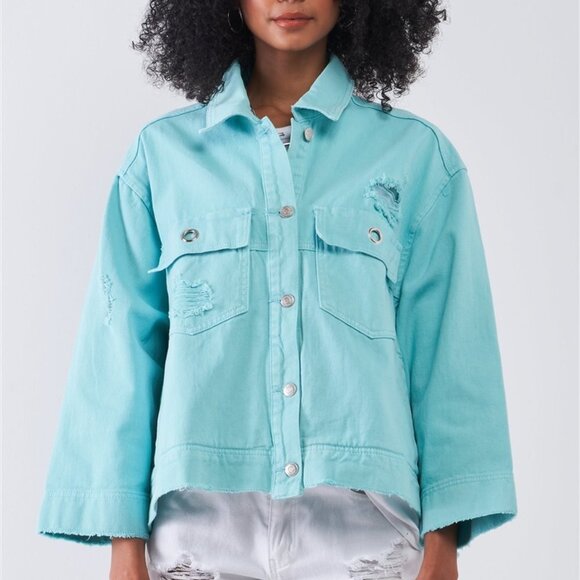 Distressed Button Down Denim Jacket - Picture 2 of 5